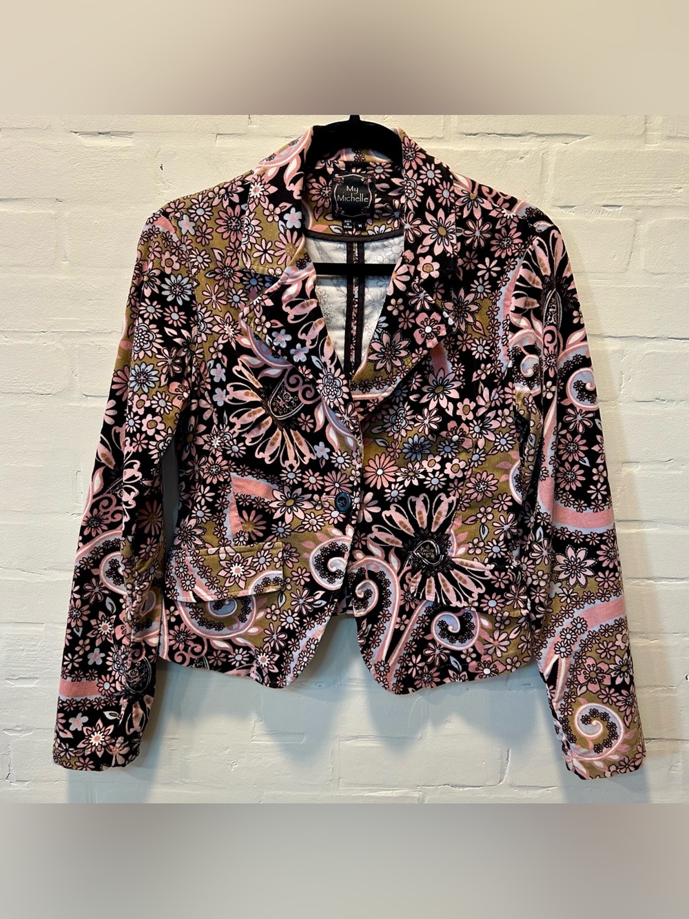 My Michelle Retro Mod Brown Pink  Floral Paisley Corduroy Cropped Blazer Size L